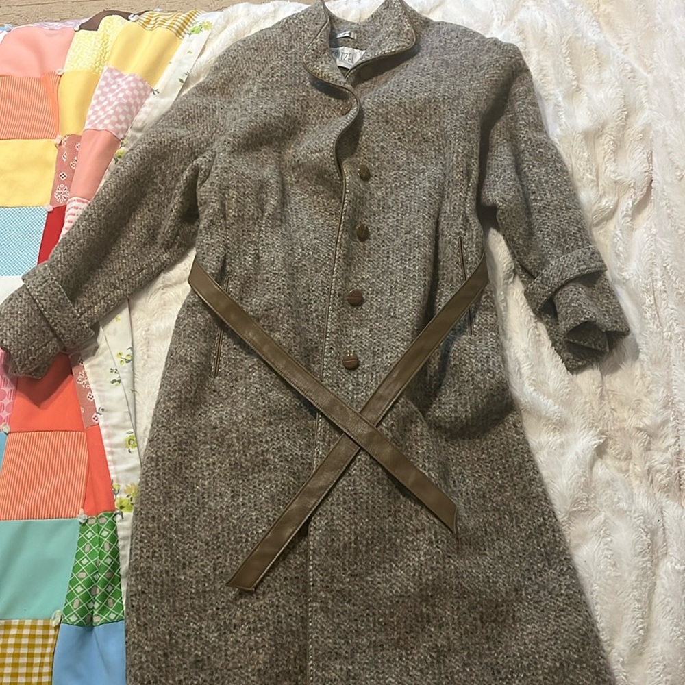 Vintage 50s Belted  Tweed Swing Jacket Wool Pea Coat Rare Antique Lou Fritzel - Picture 2 of 15